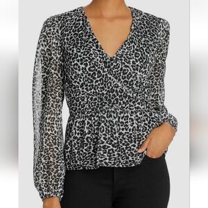 The Kooples Women Black V-Neck Leopard Metallic Long-Sleeve Top M